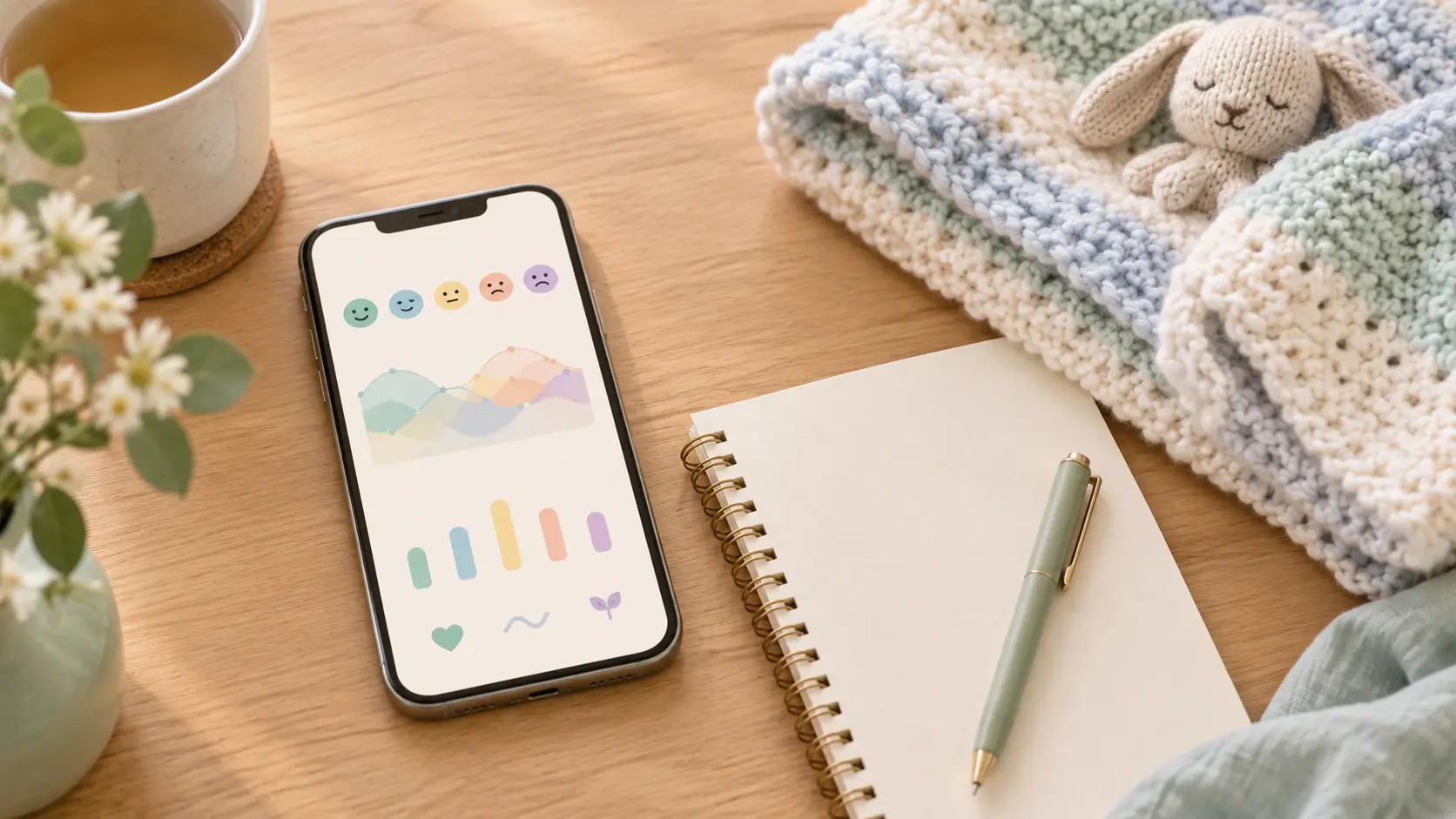 Illustration of a phone with a craving chart beside a baby blanket and notebook