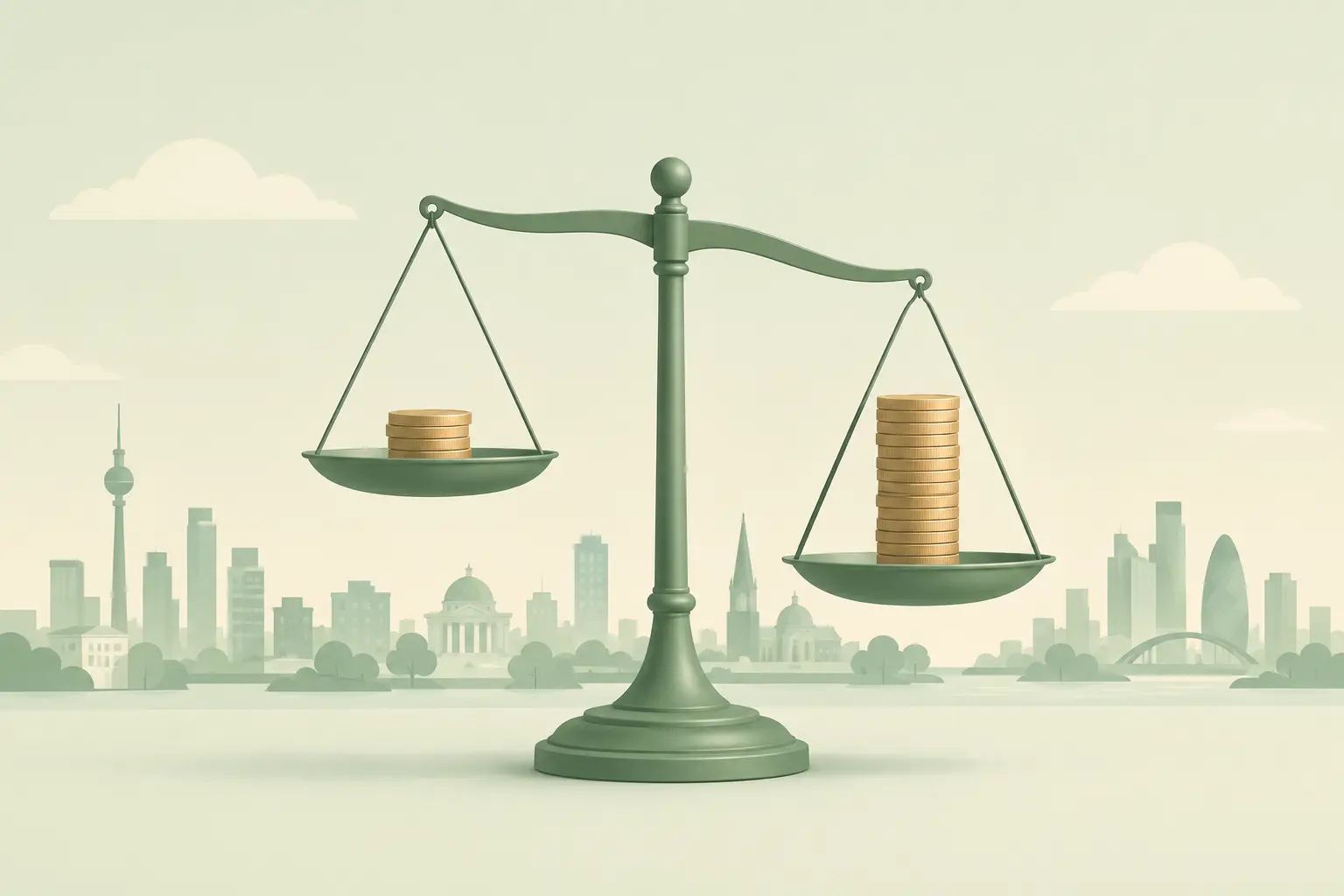 Balance scale with a short and a tall stack of coins in front of city silhouettes, showing big price gaps between countries