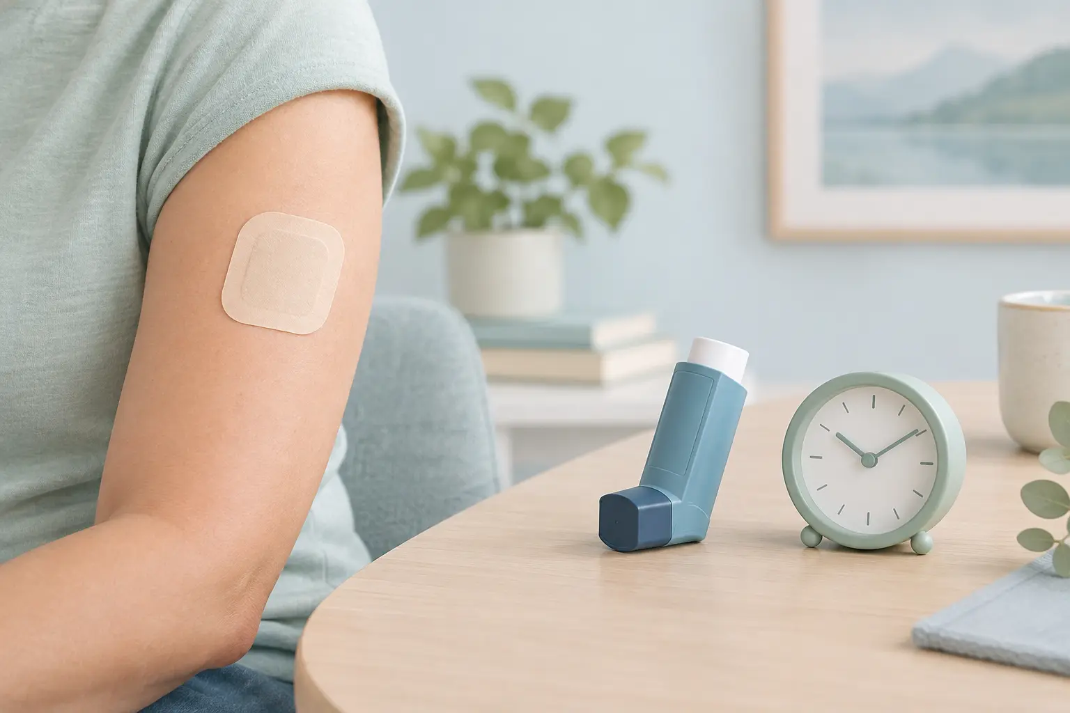 Illustration of a nicotine patch on an arm beside an inhaler and a small clock representing combining slow and fast support