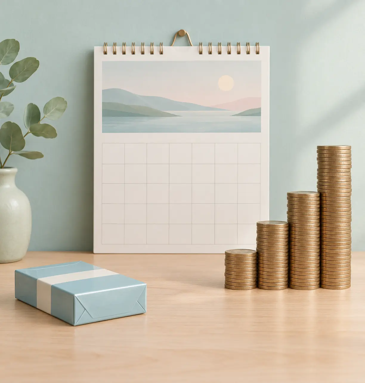 Illustration of a wall calendar with a tall stack of coins beside a pack to show a year of cigarette spending