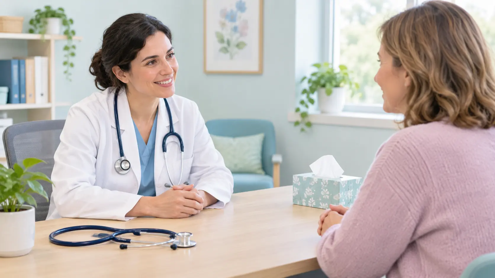 Doctor and patient talking in a consulting room about a cough that has lasted more than three weeks