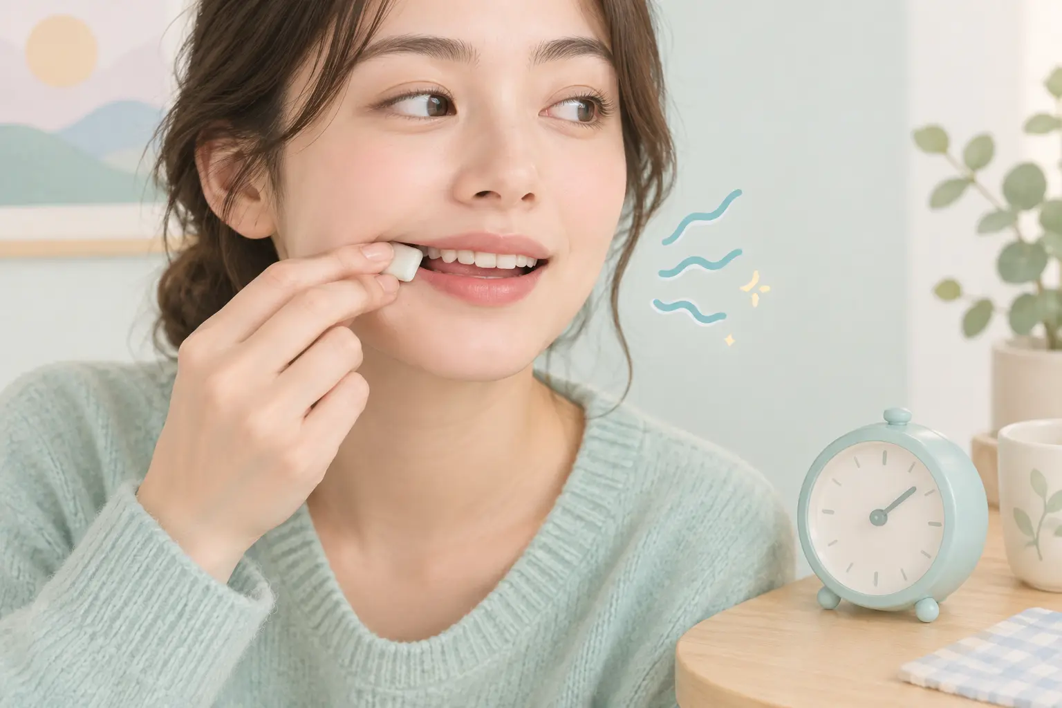 Illustration of the chew and park technique for nicotine gum with a clock nearby