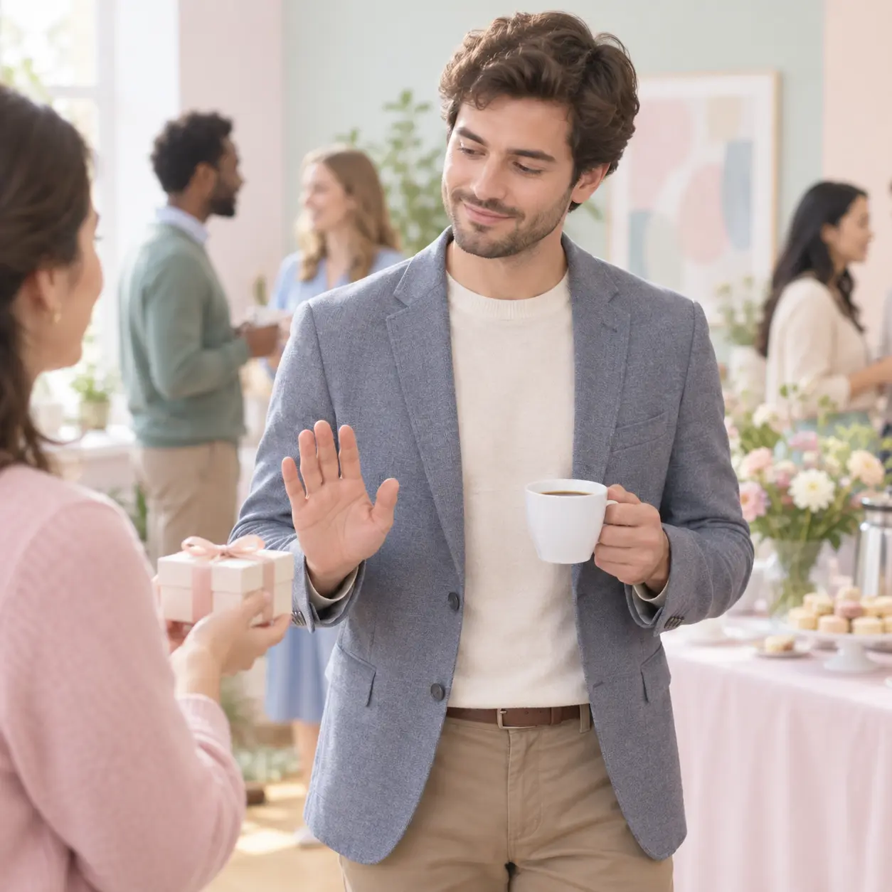 A man in a smart casual outfit declining a cigar at a social gathering and holding a cup of coffee instead