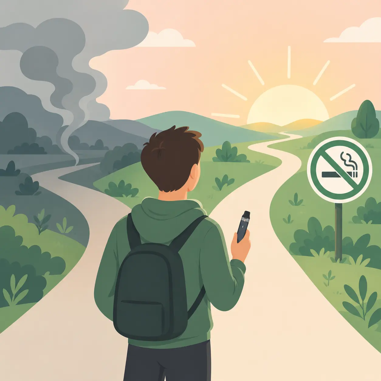 Illustration of a person at a crossroads deciding between switching to a vape and quitting nicotine entirely