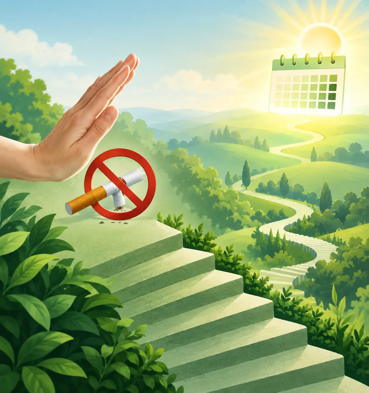 Illustration of a downward staircase toward a sunny calendar representing oral cancer risk falling after quitting smoking