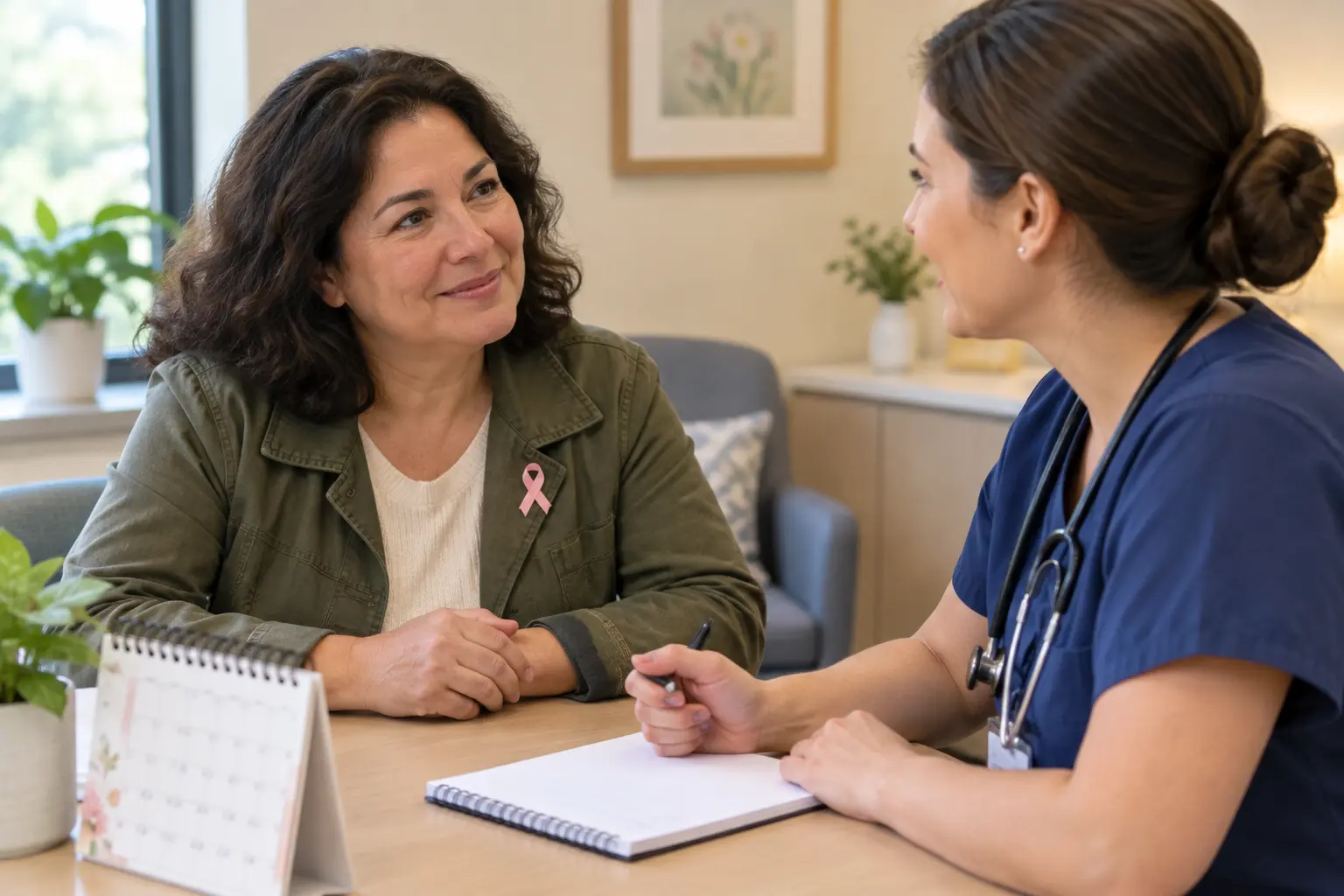 Illustration of a woman talking with a care team member at a clinic table with a notebook and calendar