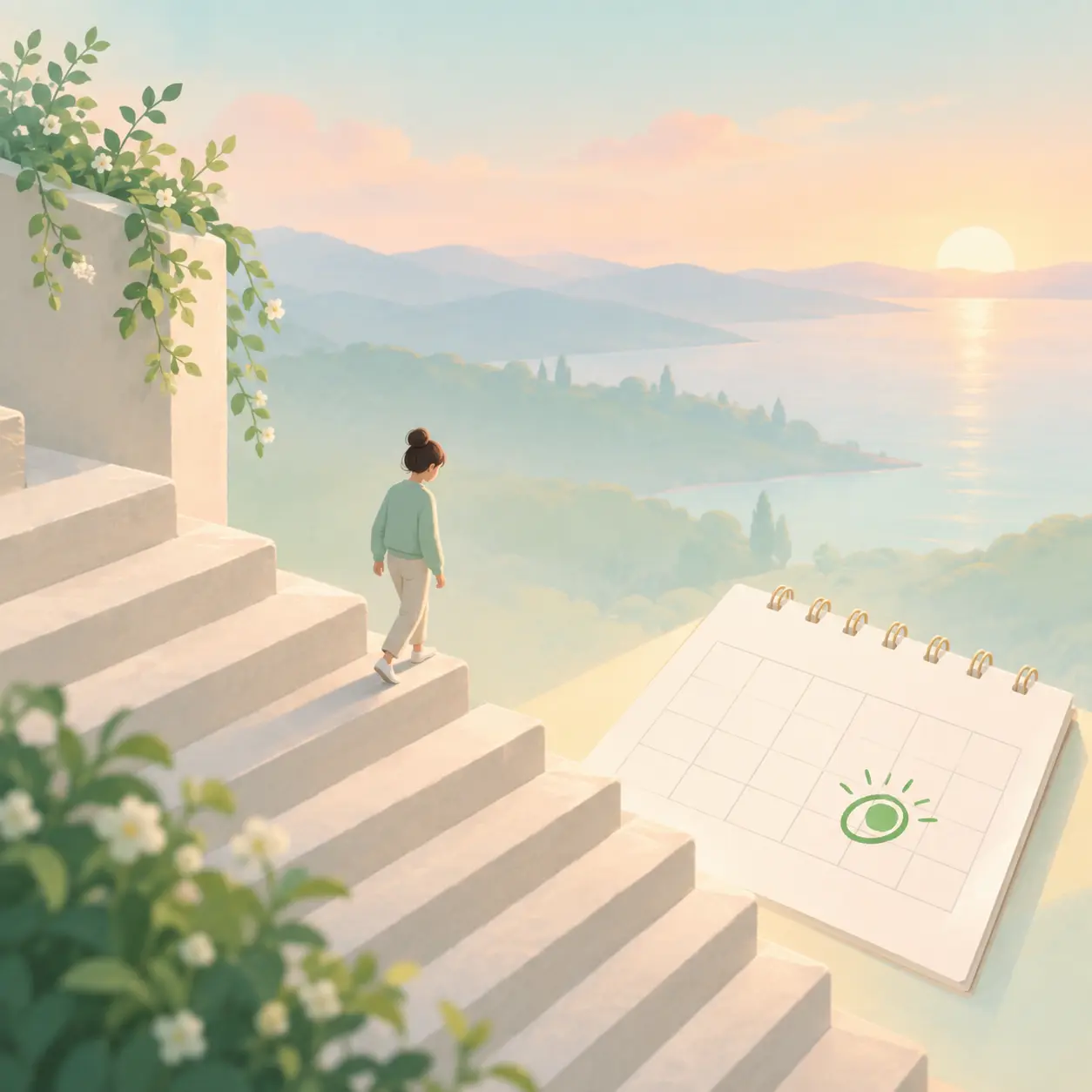 Descending staircase with a small figure stepping down toward a calendar date marked in green