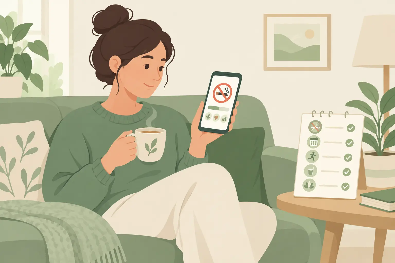 Illustration of a person using a quit smoking app on a phone as part of a wider stop smoking plan