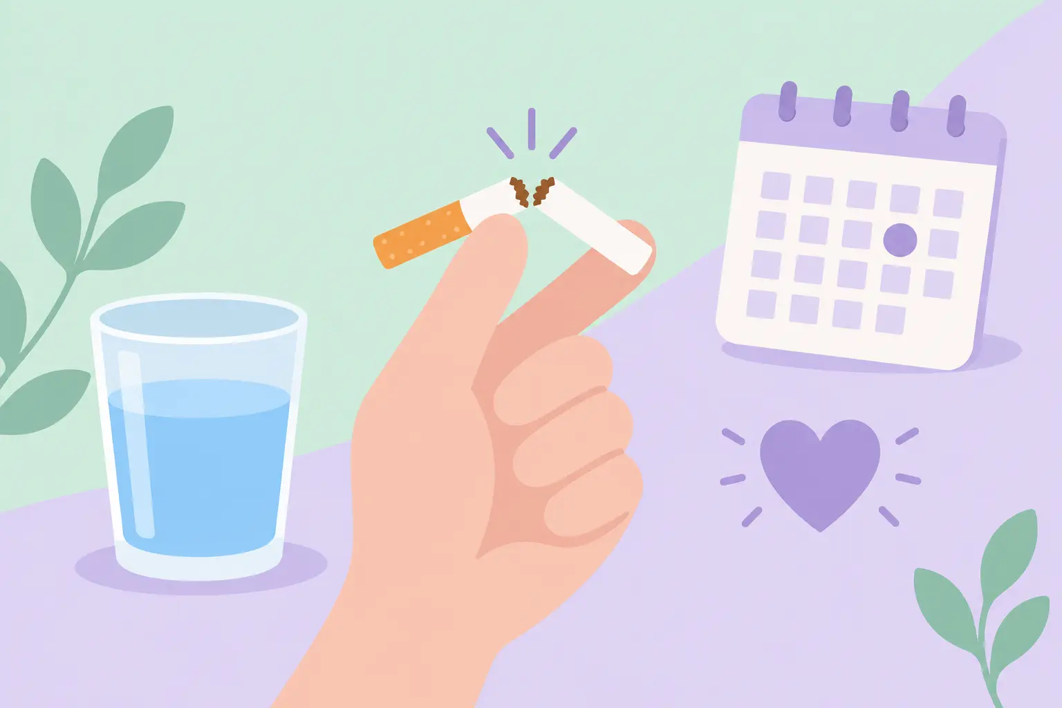 Illustration of a hand snapping a cigarette in half beside a glass of water and a calendar, representing a quit plan after pancreatitis