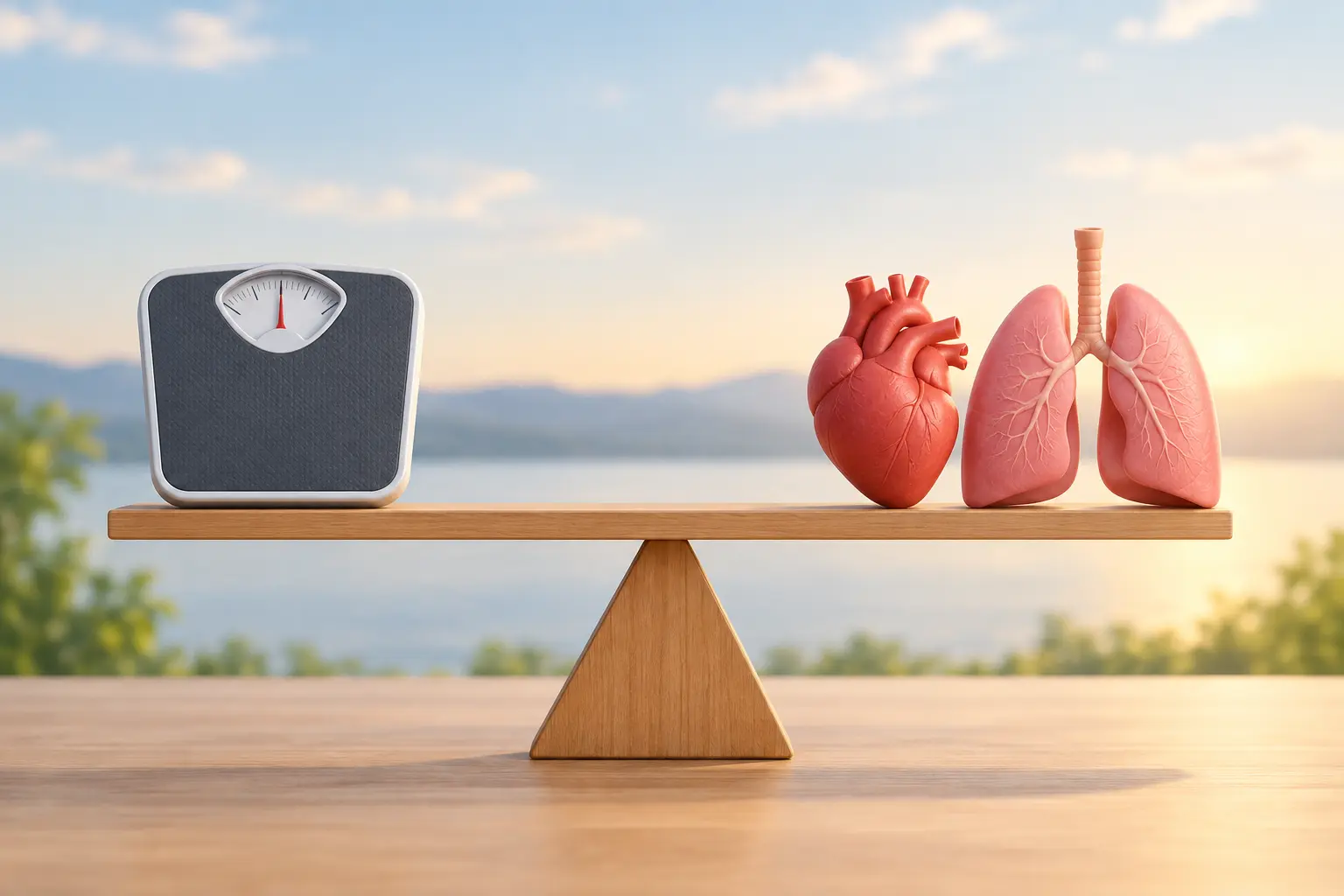Illustration of a see-saw balancing a small bathroom scale against a heart and lungs, representing weighing weight gain against the health benefits of quitting