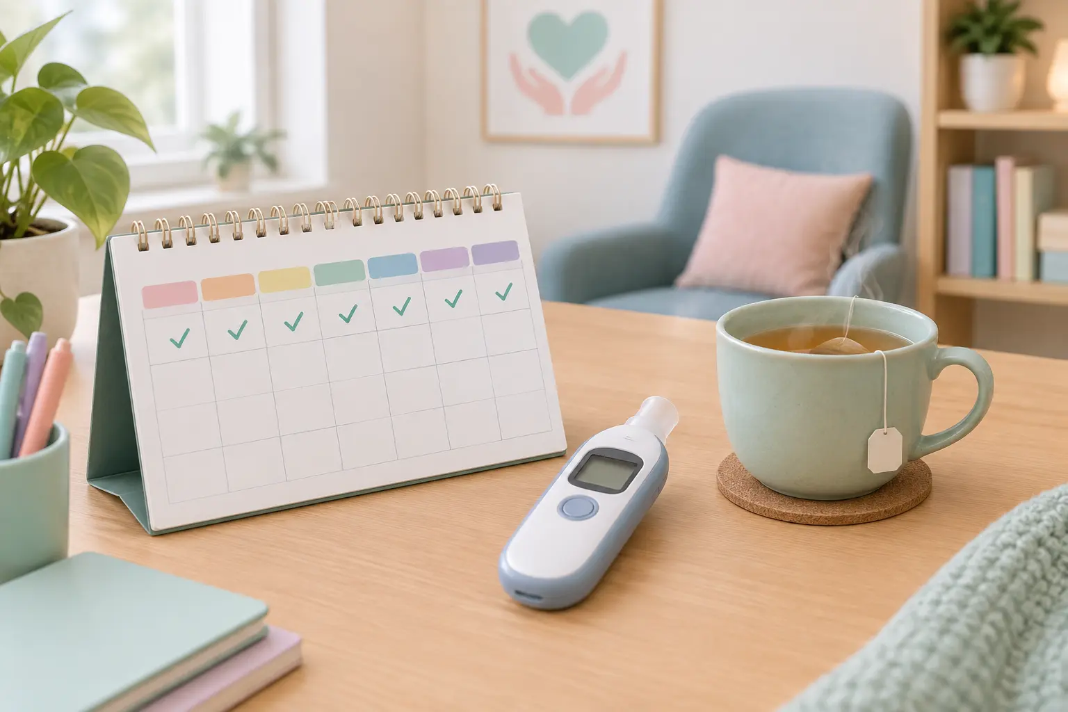 Calendar with weekly check-ins beside a breath test device at a stop smoking clinic