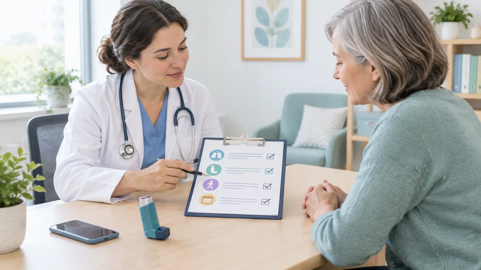 Illustration of a doctor and patient reviewing a written care plan with an inhaler and phone on the desk