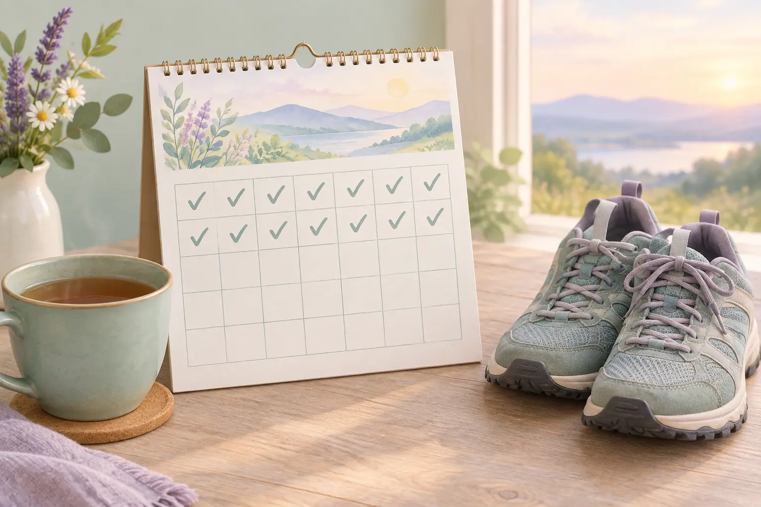 A calendar with the first fourteen days marked off beside a cup of tea and a pair of walking shoes