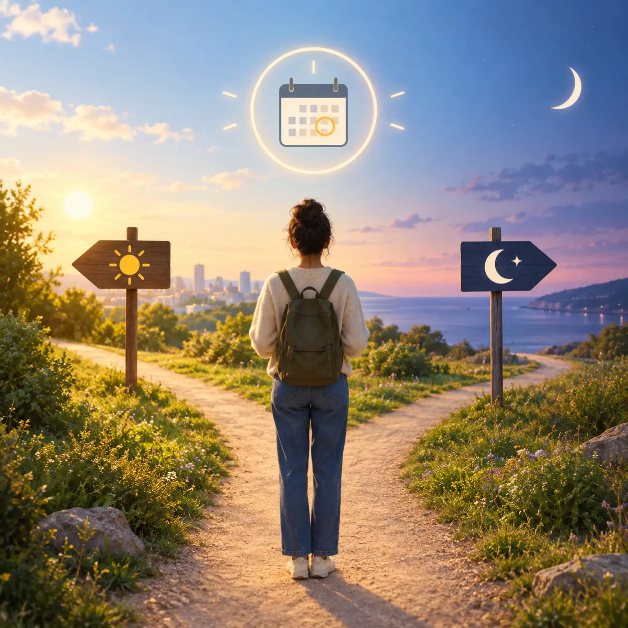Illustration of a person choosing between a weekday path and a weekend path under a circled calendar day, representing picking a quit day