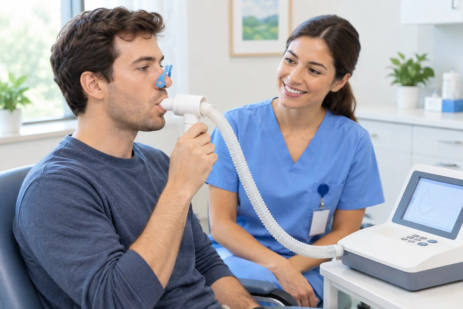 Illustration of a person blowing into a spirometer during a breathing test with a friendly nurse beside them