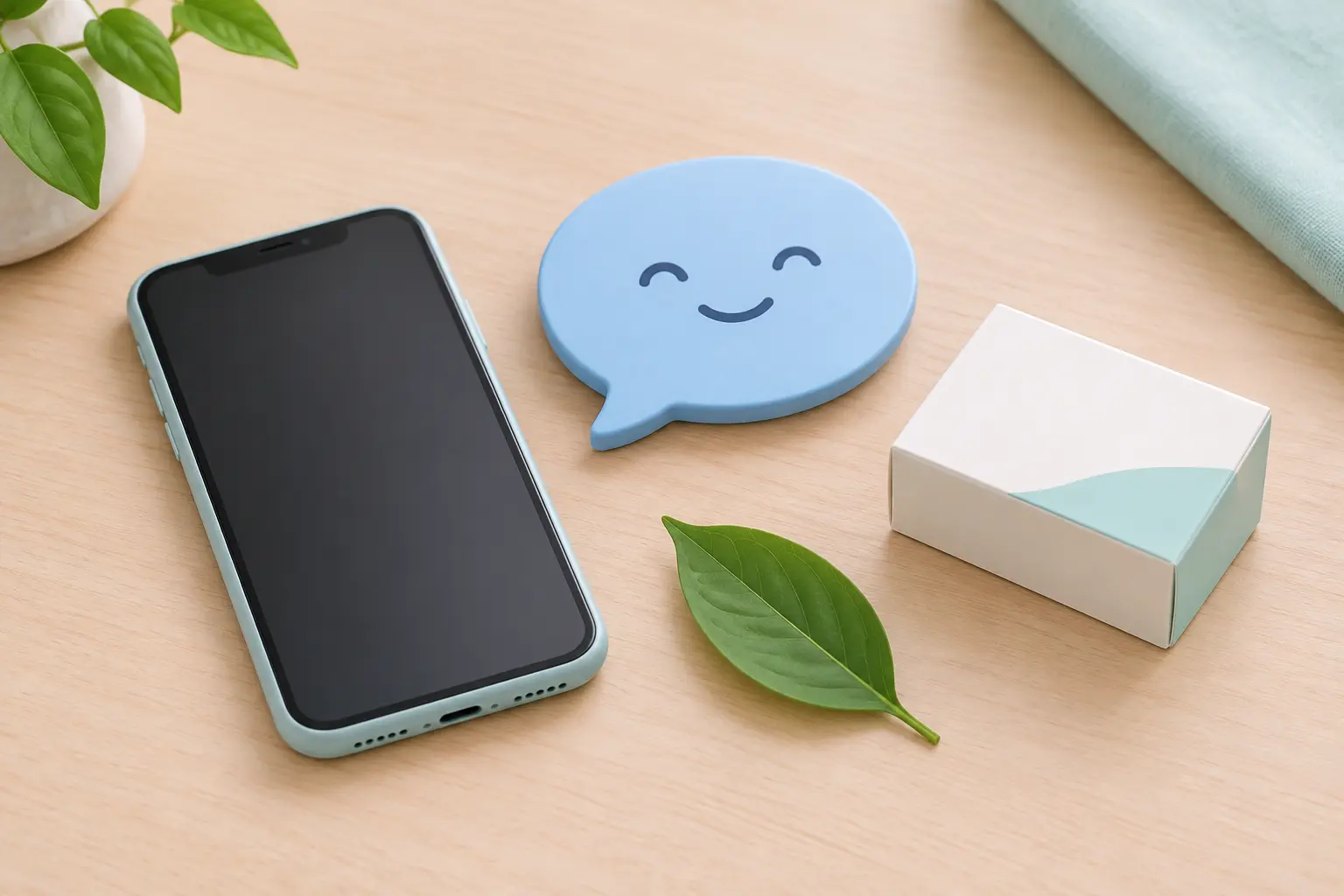 Illustration of a smartphone, a speech bubble and a medication box laid out as a toolkit for quitting smoking
