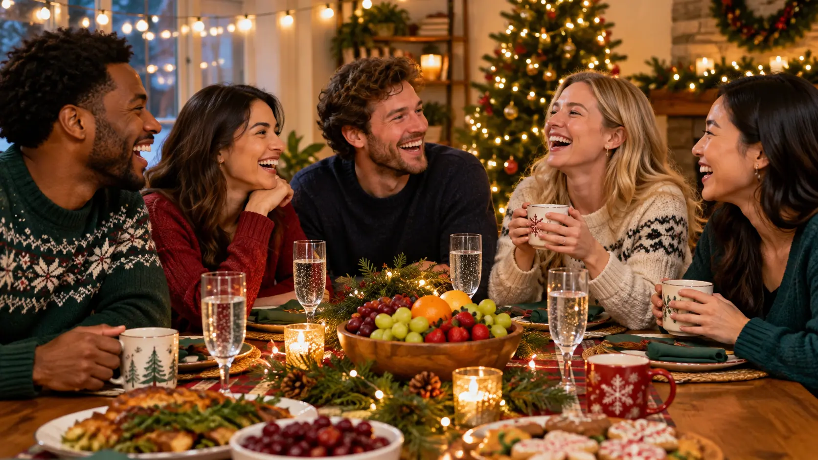 Friends laughing around a holiday table with sparkling water and mugs, enjoying a smoke-free gathering