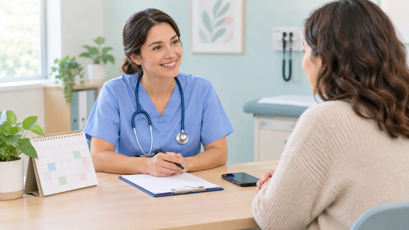 Person talking with a nurse at a clinic desk with an appointment calendar, planning follow-up checks