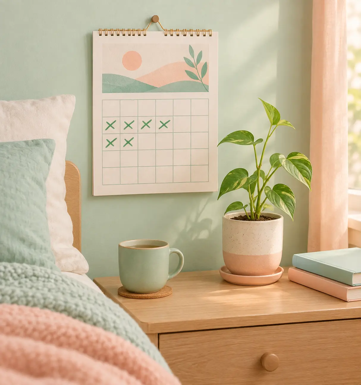 Illustration of a calendar with days crossed off and a small plant growing beside it