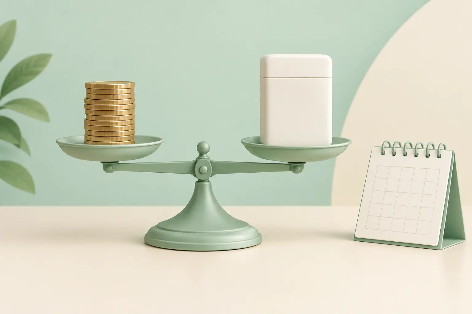 Balance scale weighing a stack of coins against a plain pack shape to show how much of a pack price is tax