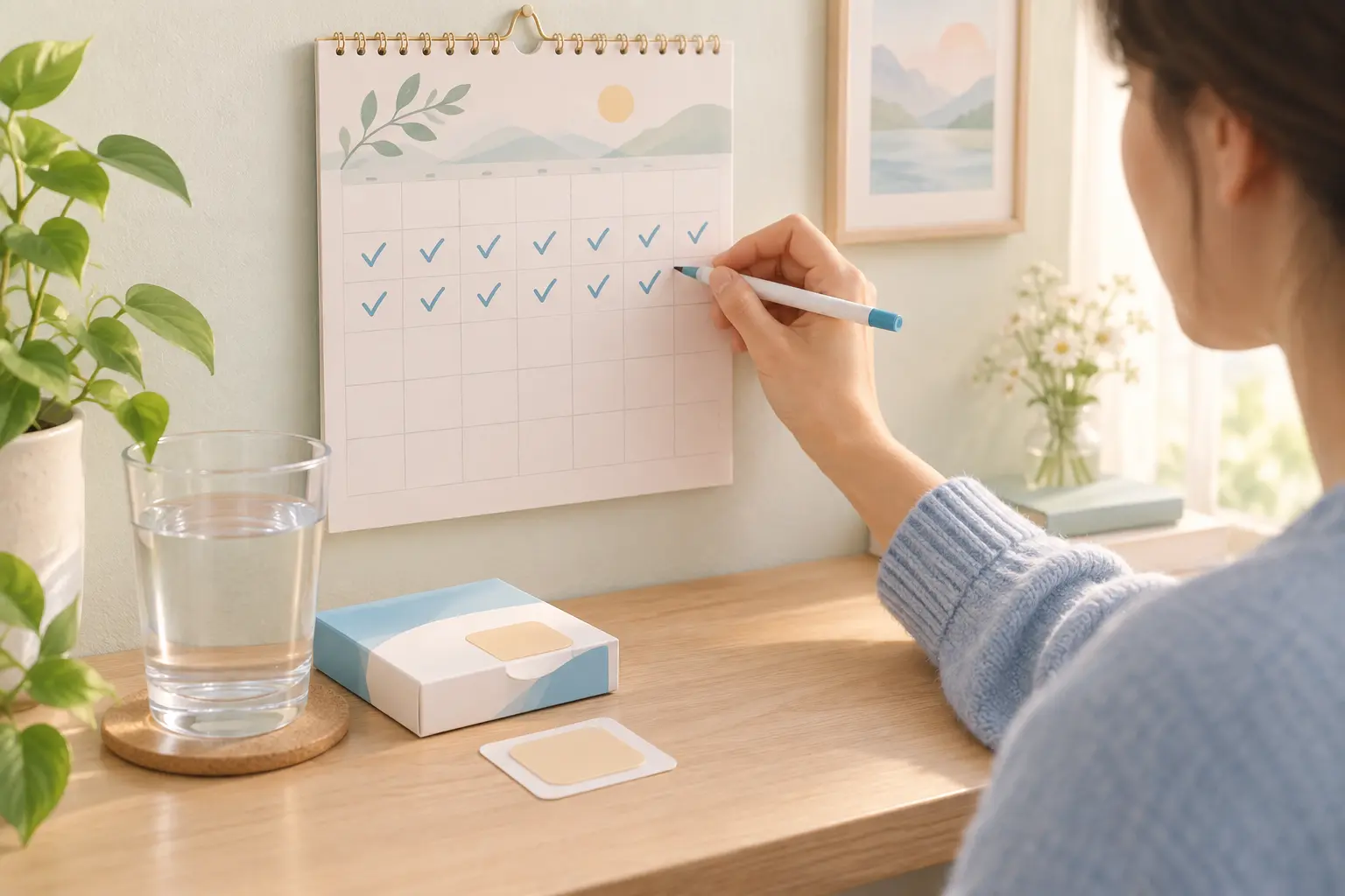 Illustration of a person marking days on a calendar next to a nicotine patch and a glass of water