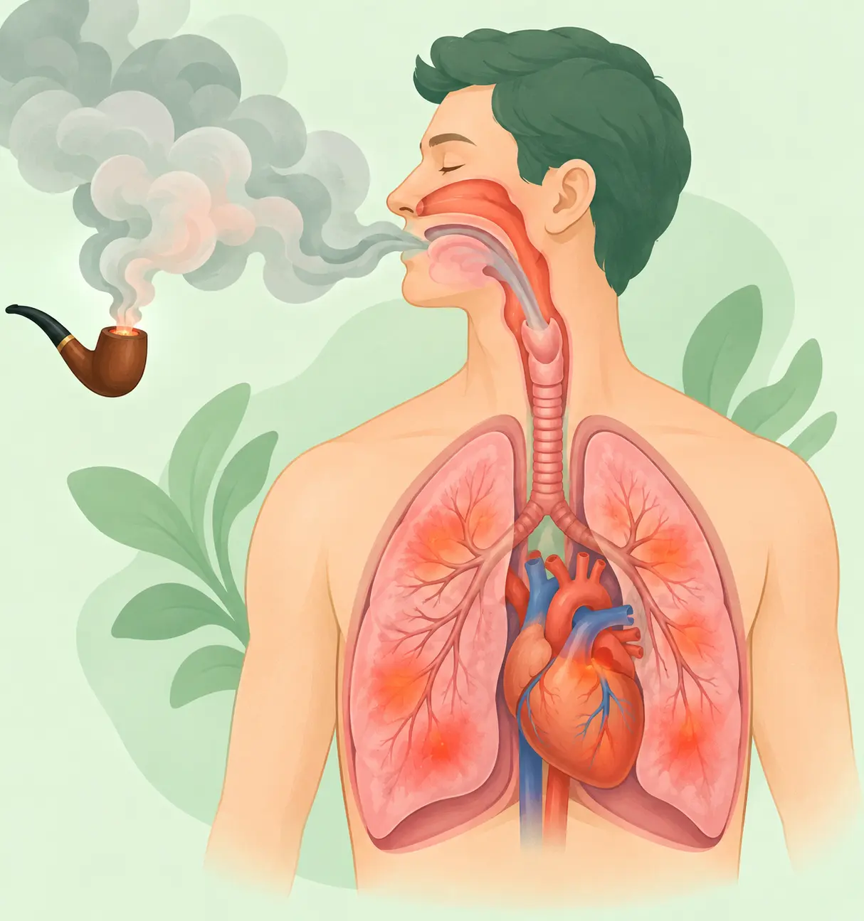 Illustration of lungs, throat and heart highlighted as pipe smoke drifts toward them