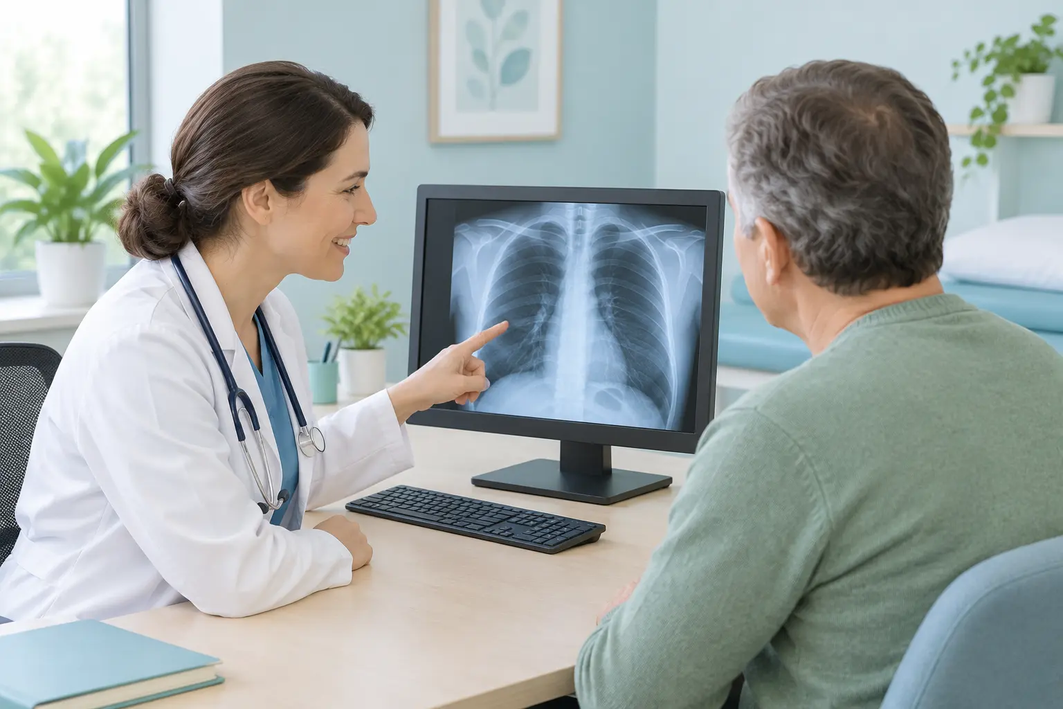 Doctor and patient reviewing a chest scan on a monitor during a lung cancer screening appointment