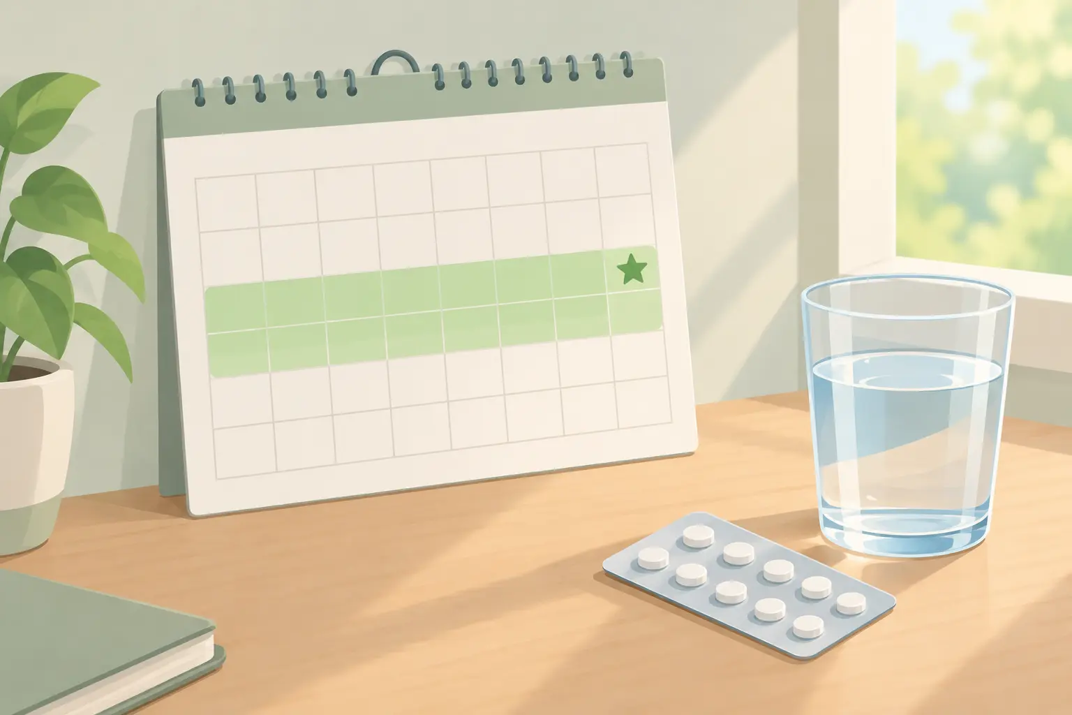 Calendar showing a twelve week medicine course next to a pill blister and a glass of water