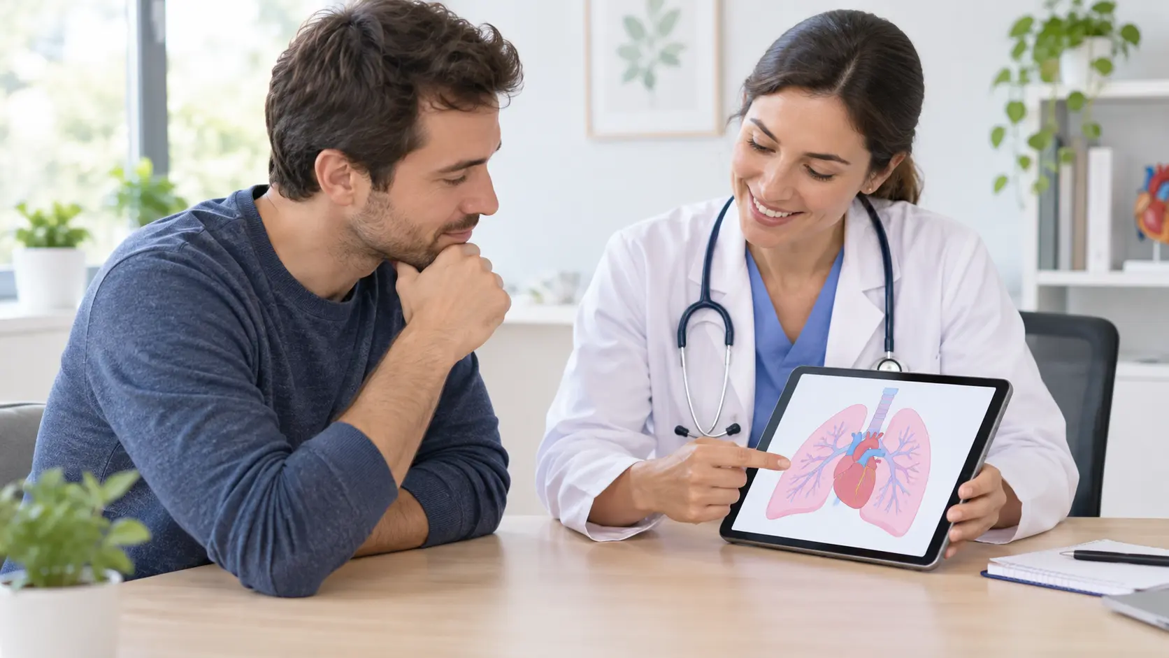 Illustration of a man calmly checking in with a doctor, with a heart and lungs icon, about smoking and men's health