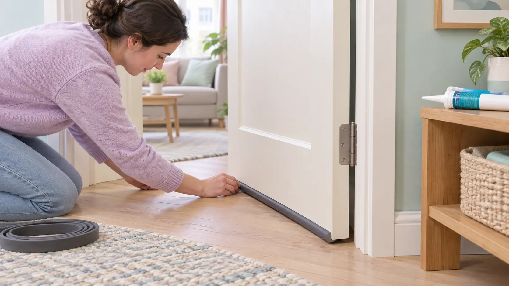 Illustration of a person sealing the gap under an apartment door with weatherstripping