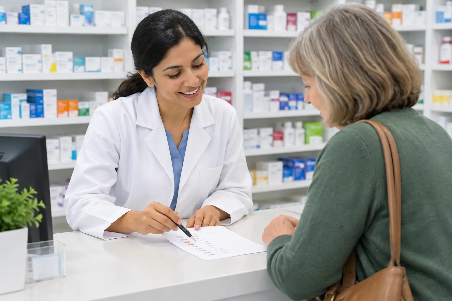 Illustration of a pharmacist and a customer reviewing medicines together at a counter