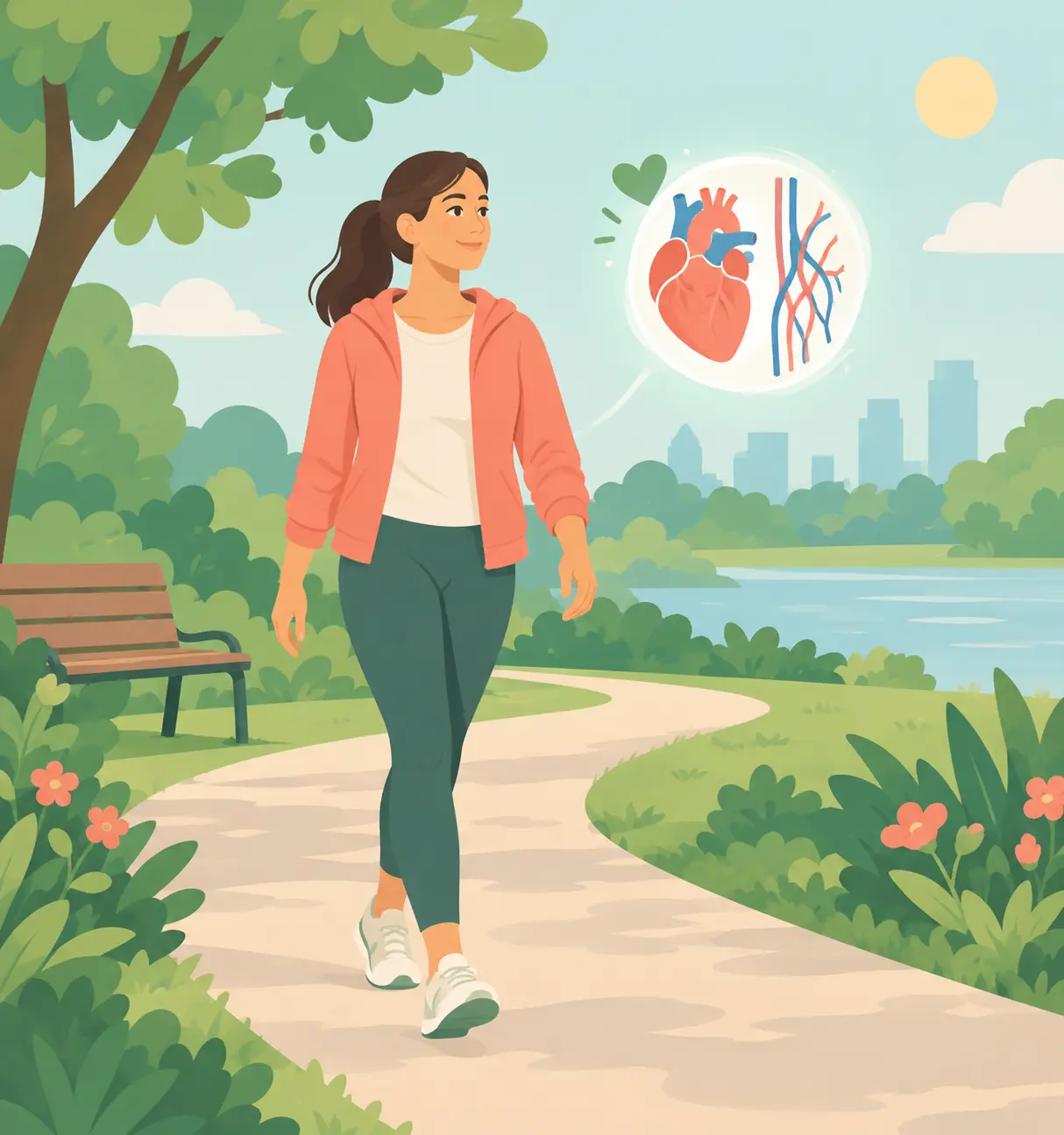 Illustration of a calm person walking on a path with a healthy heart and vein outline beside them