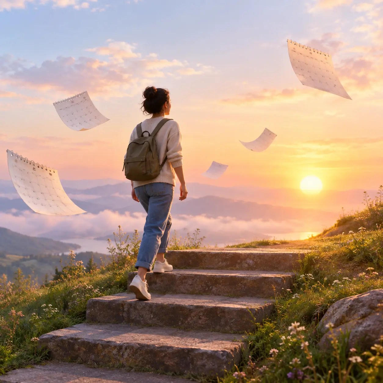 A person climbing four gentle steps toward a sunrise with calendar pages floating nearby