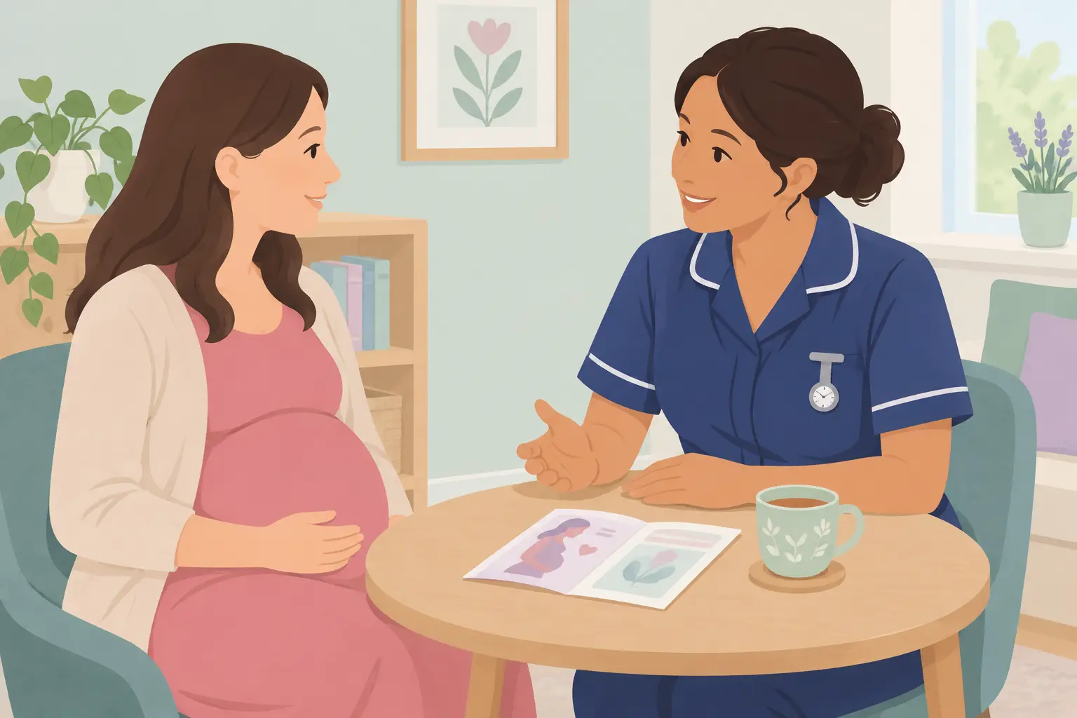 Illustration of a pregnant woman and a midwife talking kindly at a table about stopping vaping