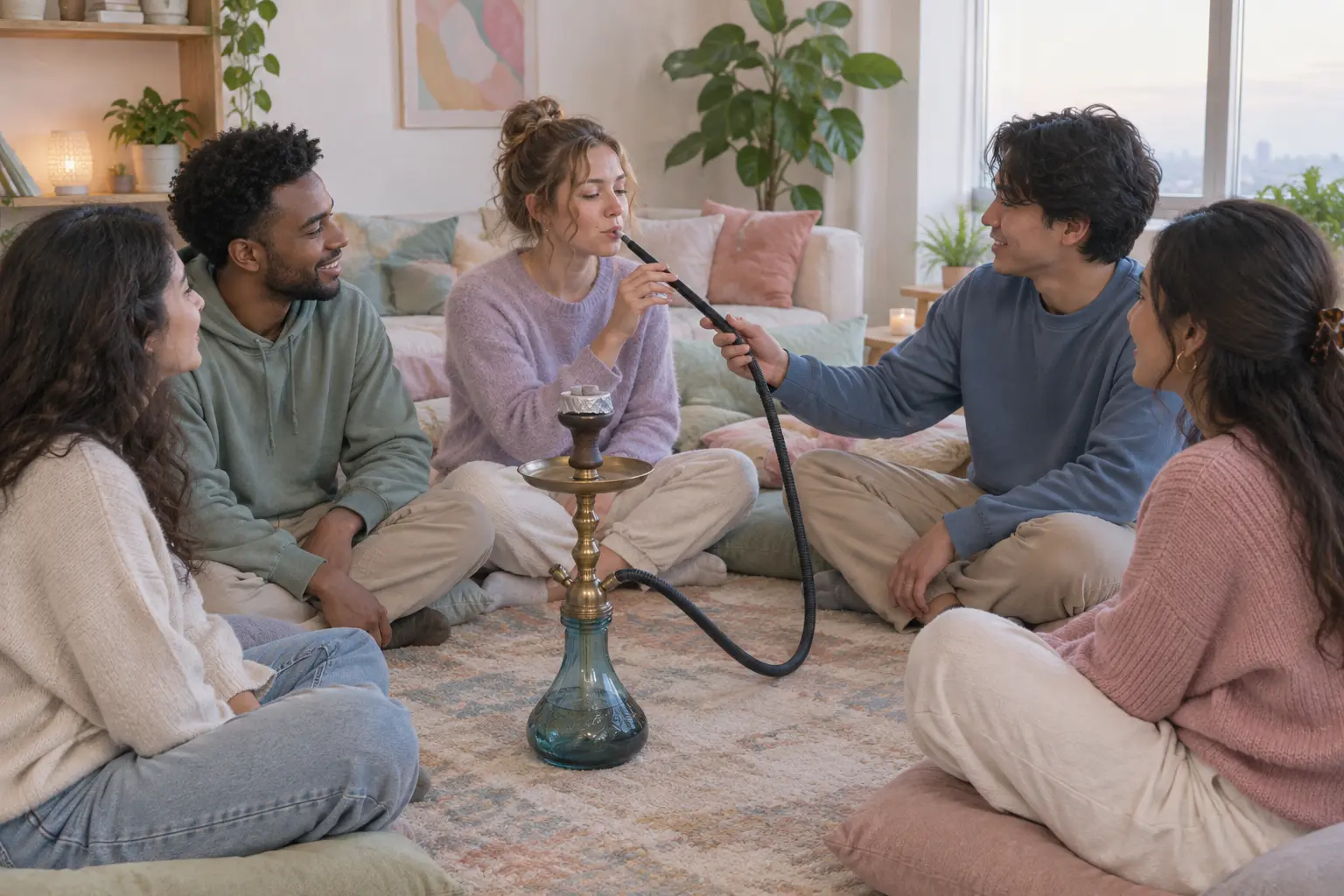 Illustration of friends sharing a single hookah hose in a circle