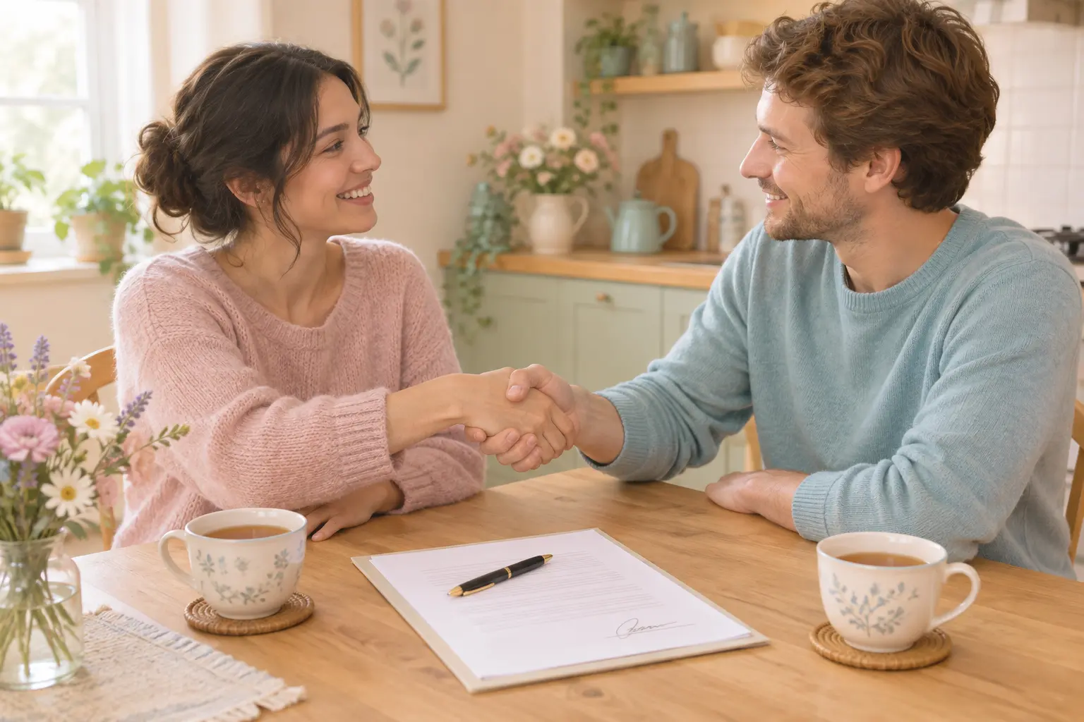 Two people shaking hands over a signed quit smoking contract with a friend acting as witness