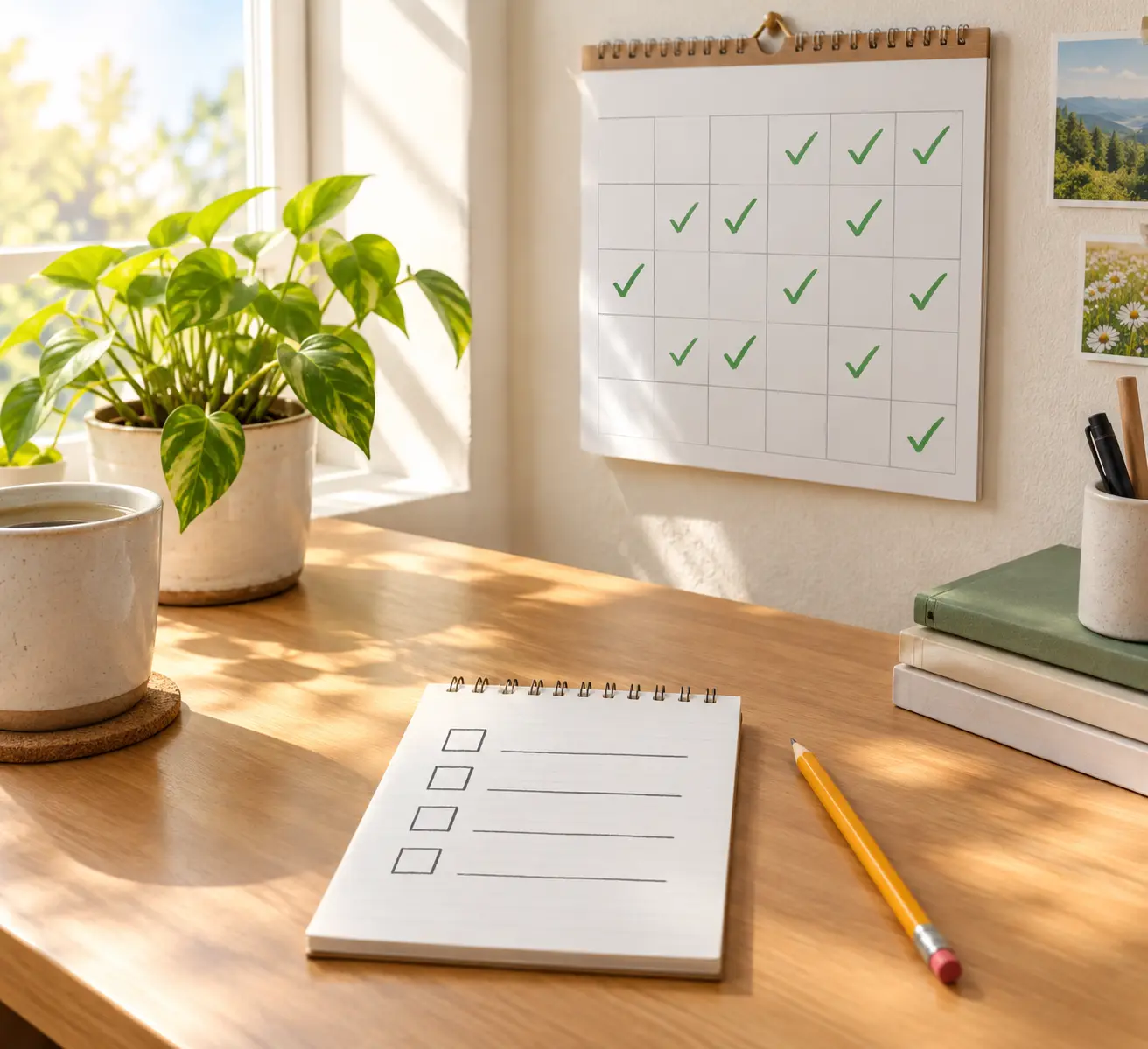 Illustration of a checklist and a calendar showing smoke-free days adding up after the pros and cons are weighed