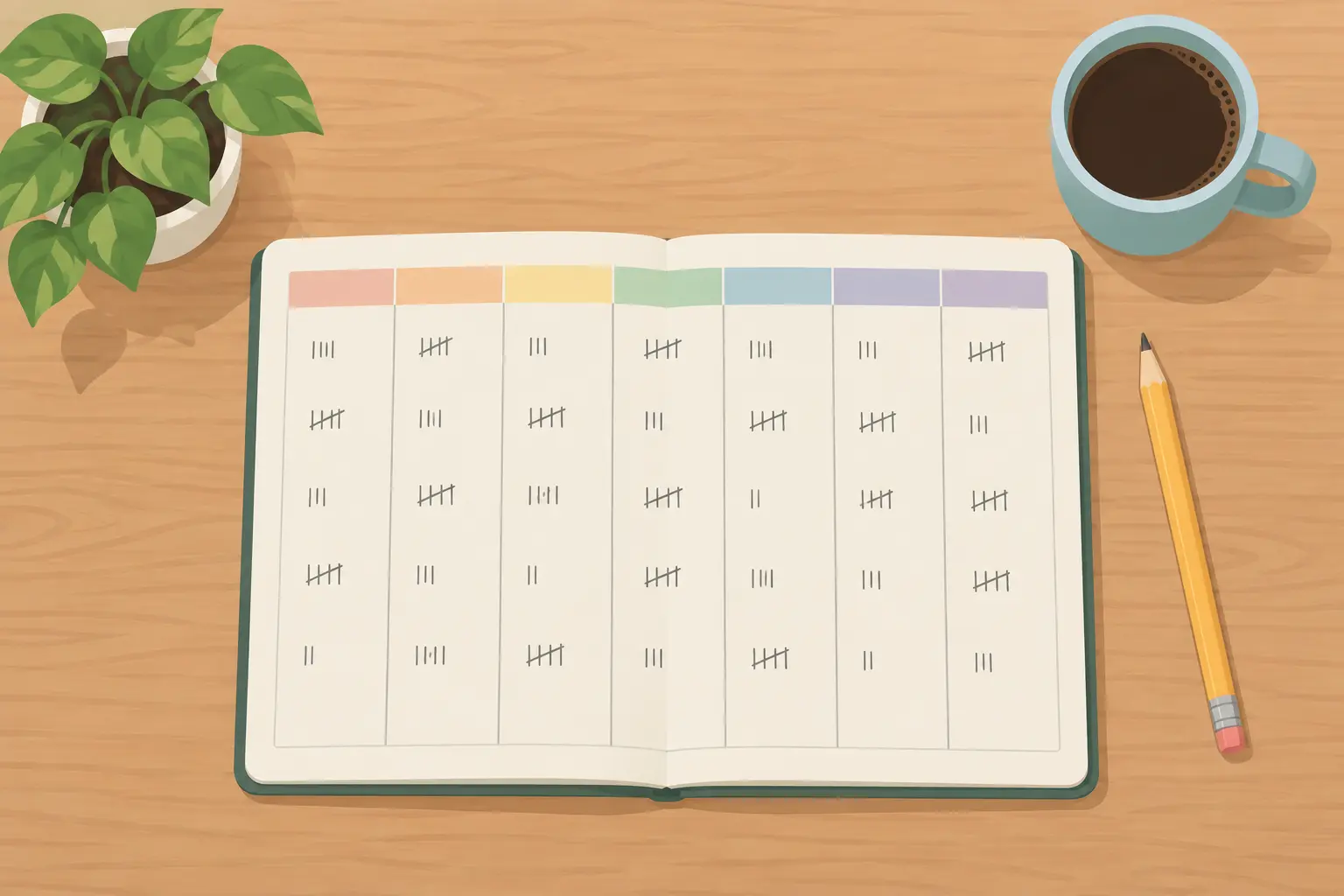 Open notebook with a weekly grid of tally marks and a pencil on a desk, a free way to log smoking habits before quitting