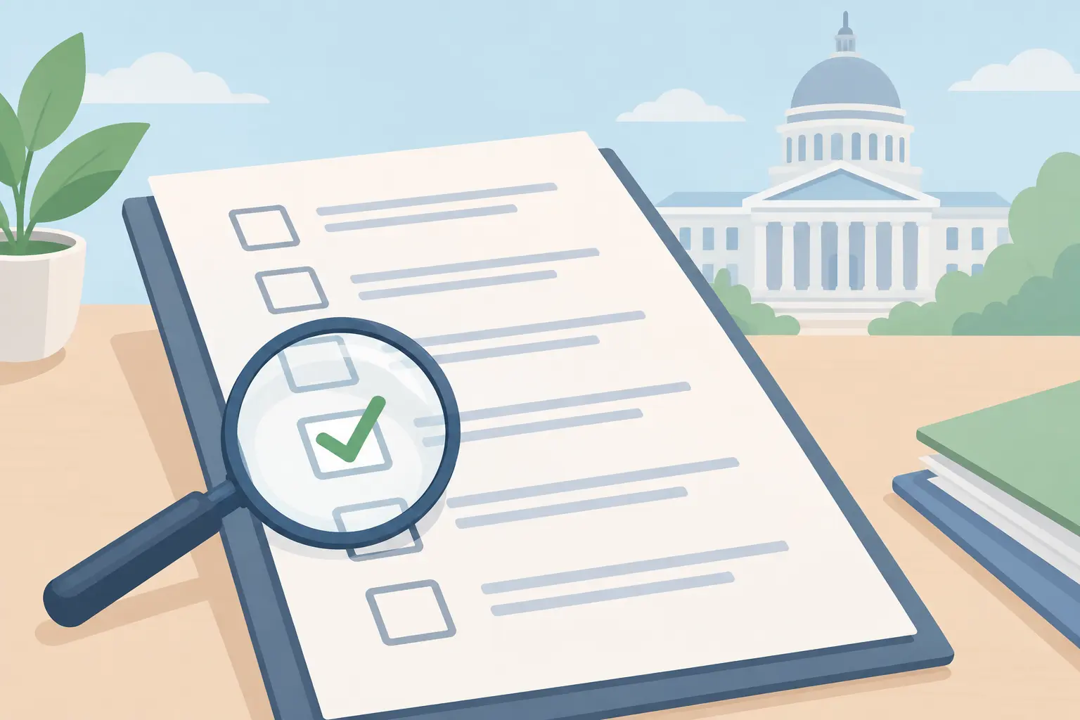 Illustration of a checklist and magnifying glass representing checking the FDA authorized pouch list