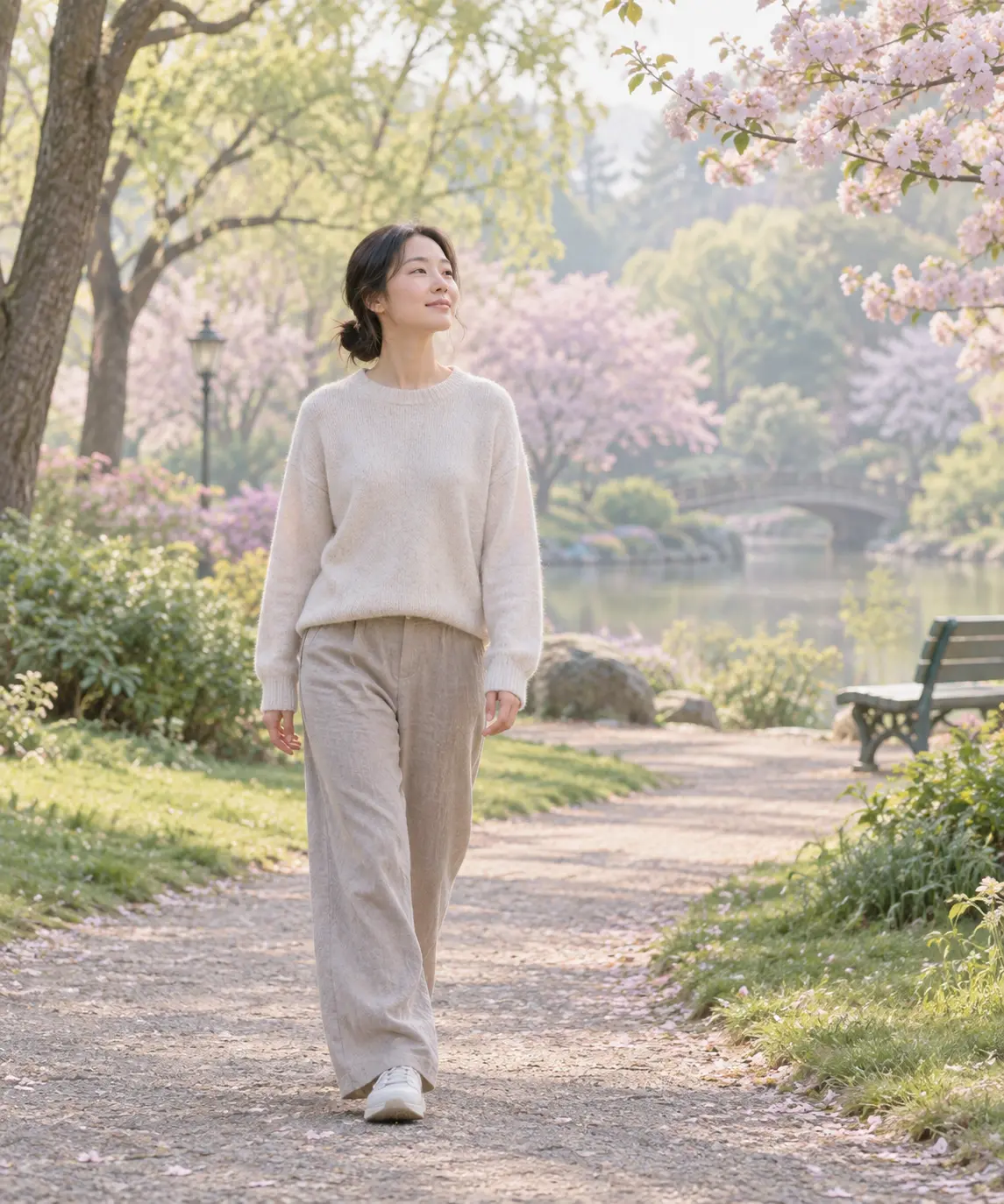 A person taking a slow walk through a quiet park with soft pastel trees while breathing calmly