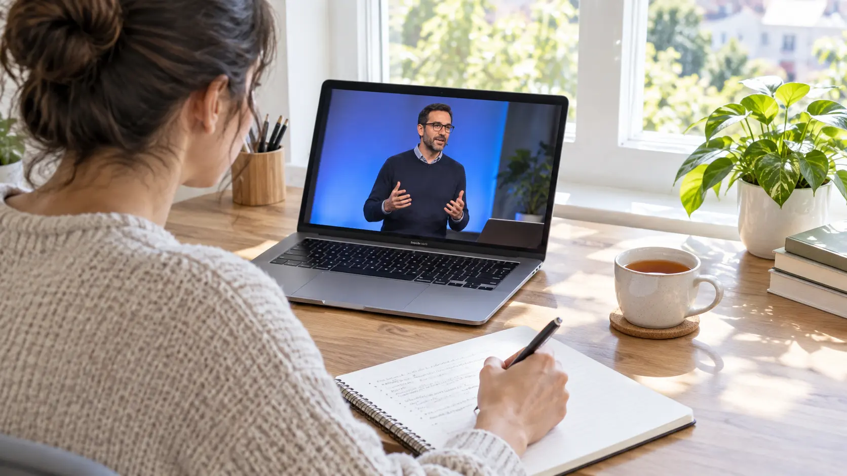 Illustration of a person watching a talk on a laptop with a notebook and a cup of tea
