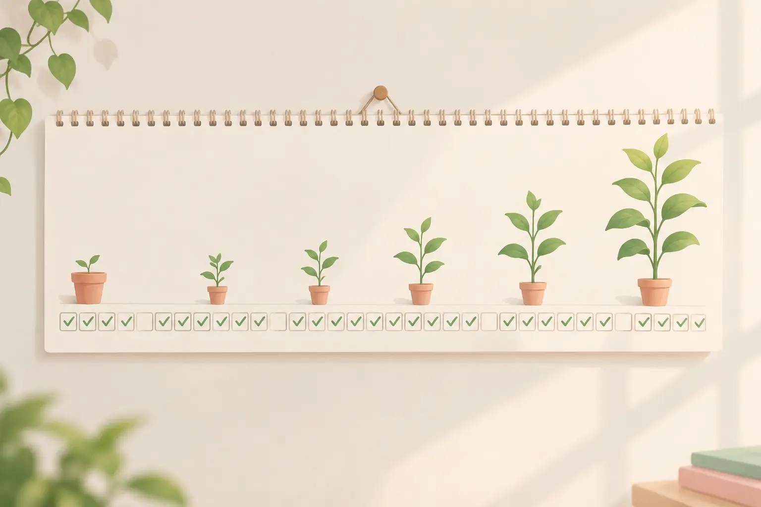 Illustration of a calendar with ticked days and a small plant growing across it, showing a habit forming over weeks