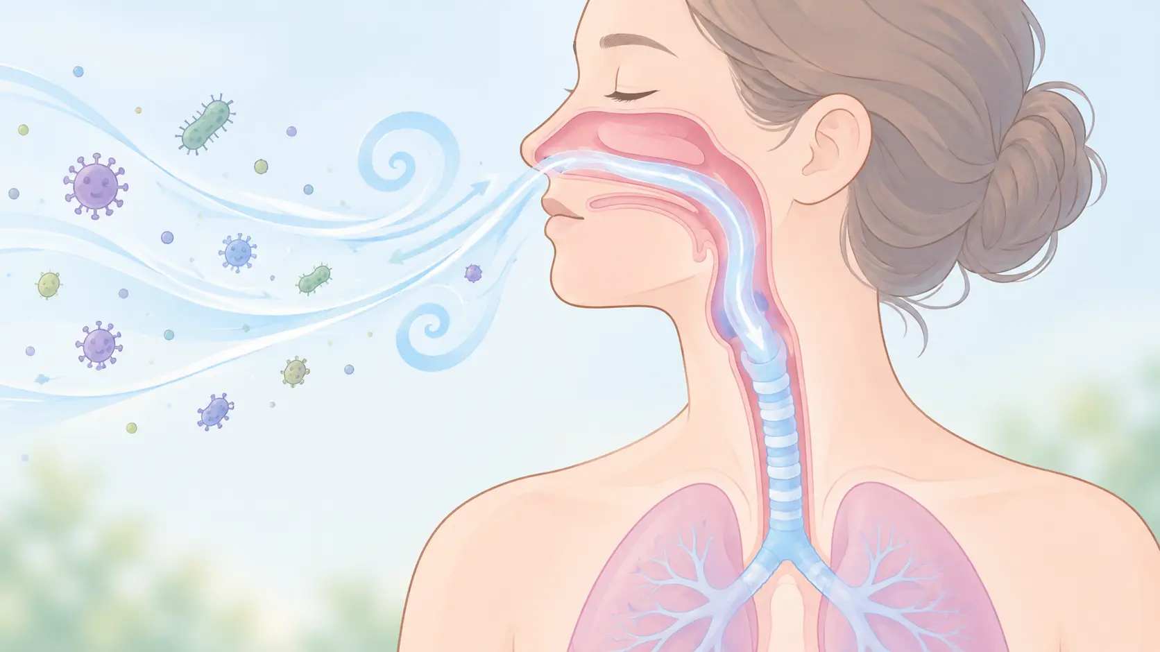Pastel outline of nose, throat and windpipe with swirling air and small germ shapes illustrating airway defenses during a cold