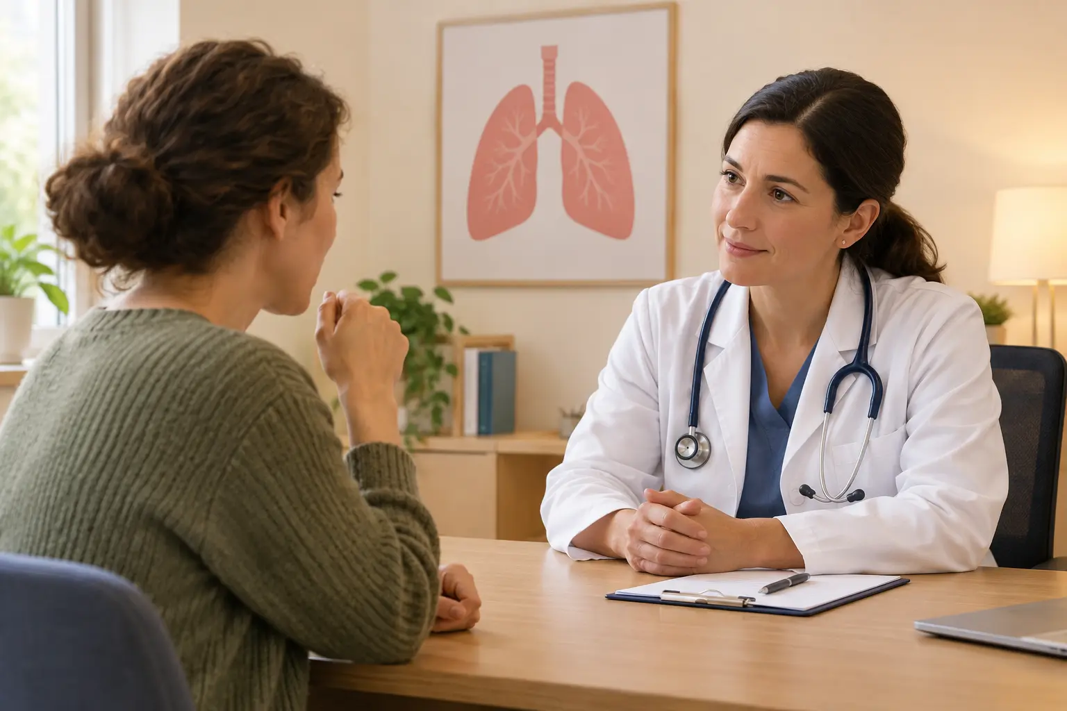 Illustration of a person talking with a doctor about a long-lasting cough with a lung outline on the wall
