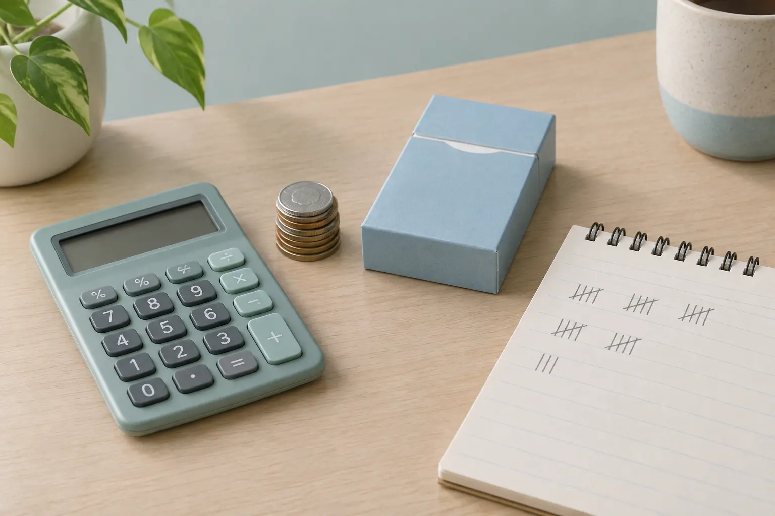 Illustration of a calculator and coins beside a pack of cigarettes representing yearly cost