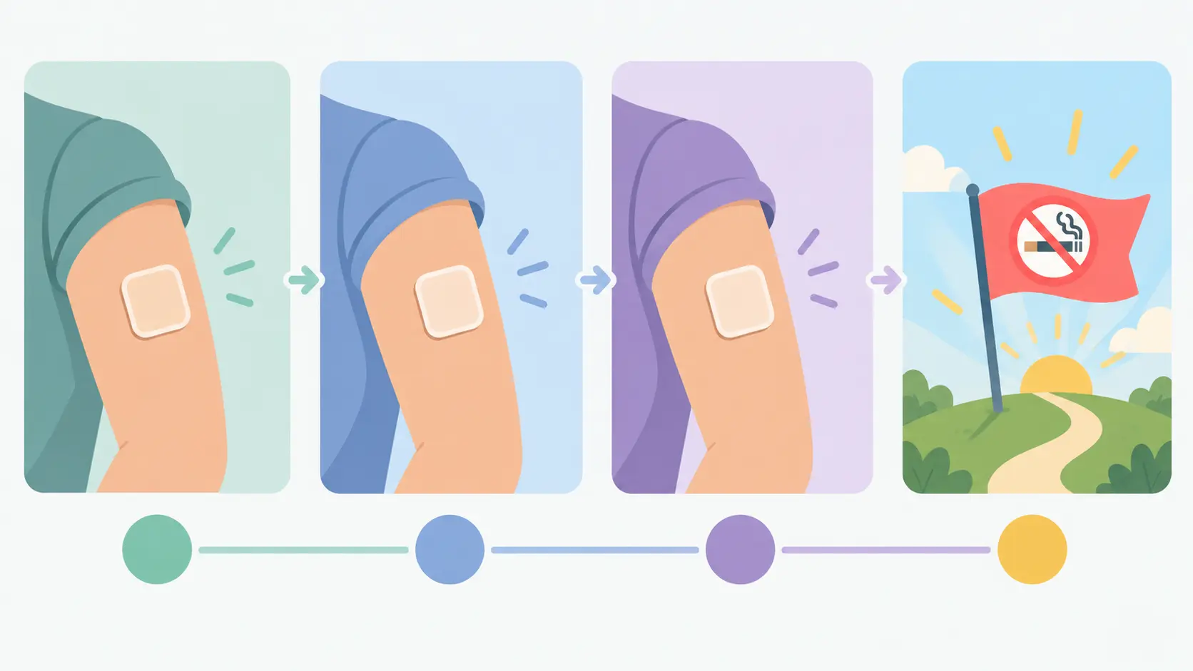 Illustrated four-week timeline with a nicotine patch on an arm leading to a quit-day flag