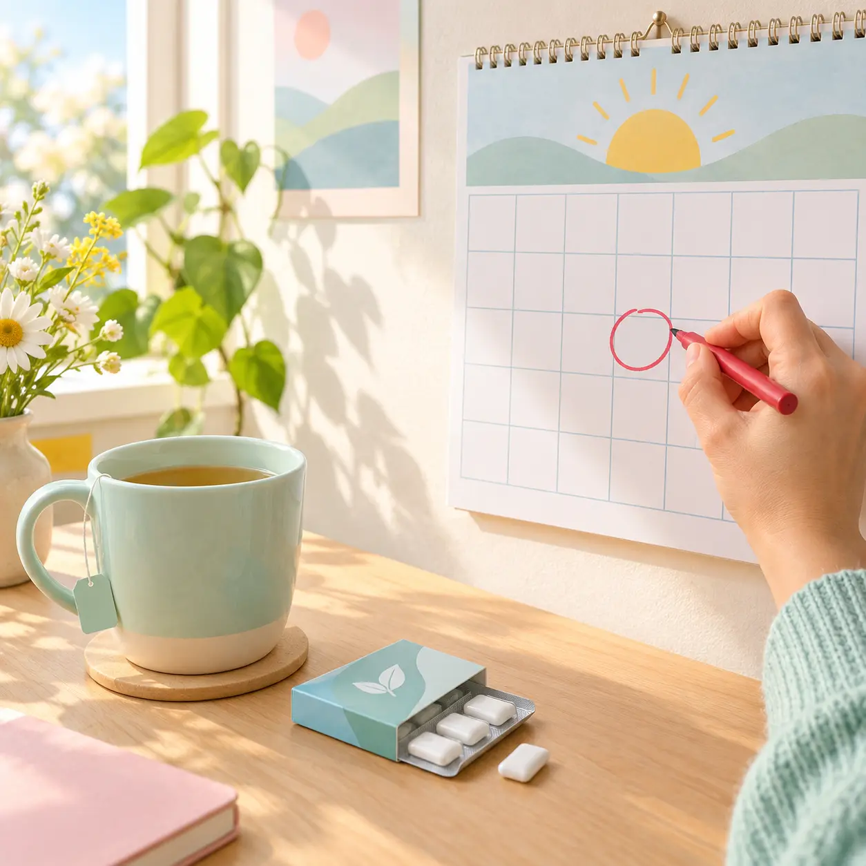 Person circling a quit date on a calendar with tea and nicotine gum on the table