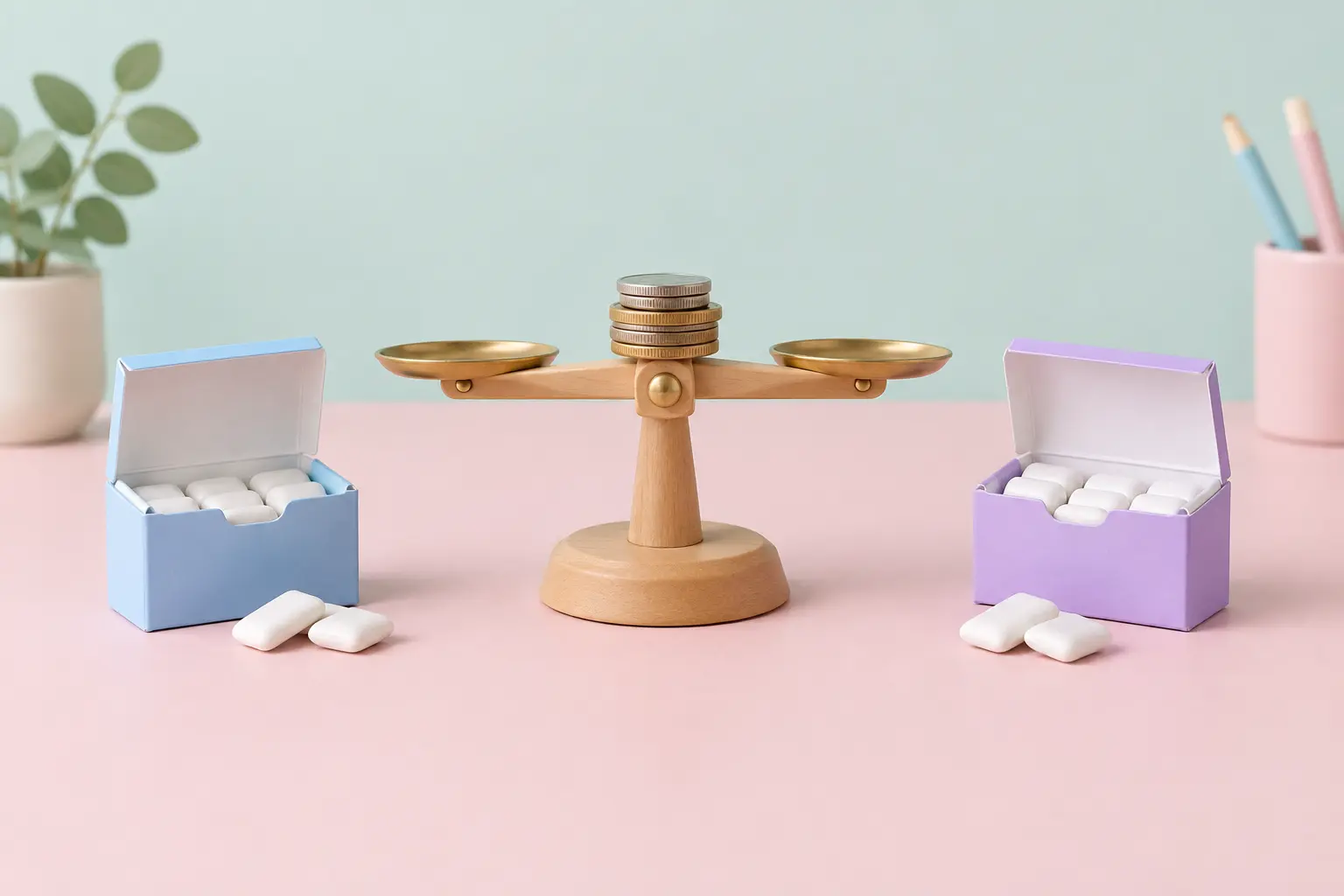 Illustration of two boxes of nicotine gum on a balance scale with coins comparing price per piece