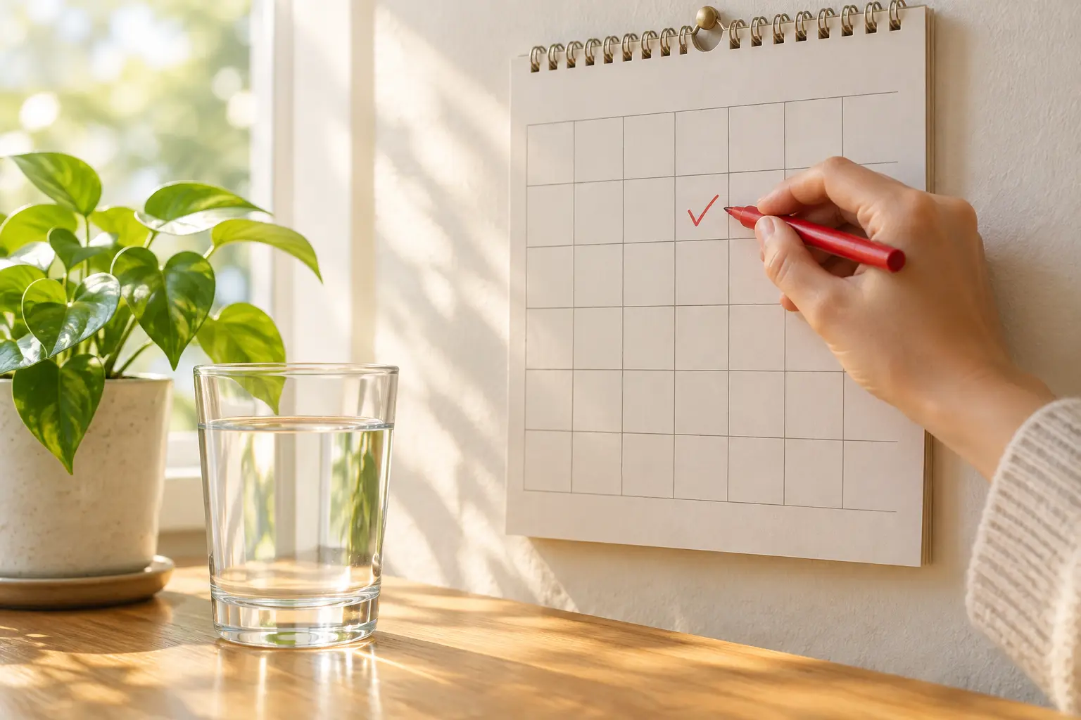 Illustration of a person ticking a day on a wall calendar next to a glass of water and a small plant, representing daily quit tracking
