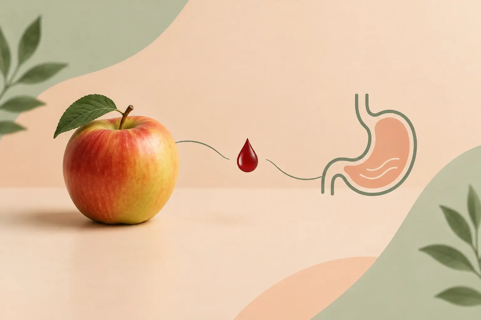 Illustration of an apple, a stomach outline and a blood sugar droplet representing nicotine effects on appetite and glucose
